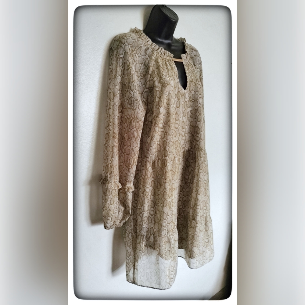 INC International Concepts Cream & Tan Snakeskin Boho Peasant Midi Dress Sz M